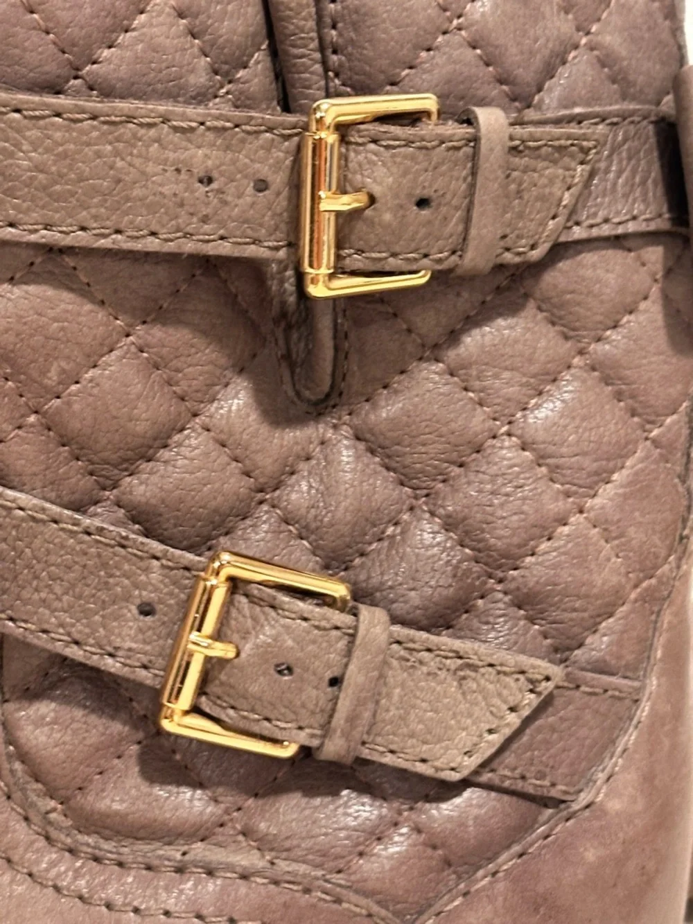 Kate Spade Samara Quilted Leather Moto Boots Taupe Brown Mousse Size 7M